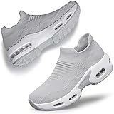 DOUSSPRT Womens Walking Sneakers Slip on Sock Shoes Lady Girls Nurse Mesh Air Cushion Platform Loafers Fashion Casual Light Grey US Size 11