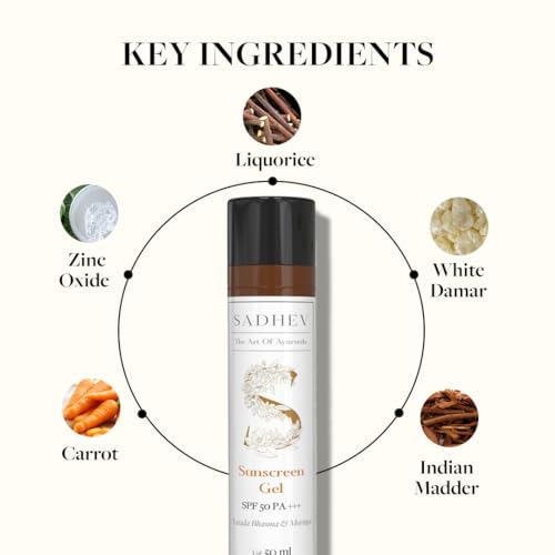 Image of SADHEV Sunscreen Gel SPF 50 PA+++ Gel | Broad Spectrum UVA & UVB Protection | No White Cast | Non-Comedogenic | Reduces Pigmentation & Blemishes | Zinc Oxide, Moringa & Liquorice | 50ml