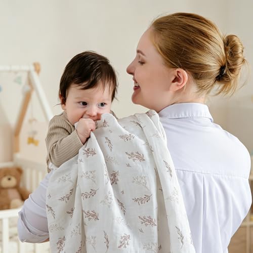 Image of POMISO Muslin Swaddle Blankets for Boys & Girls, Newborn Receiving Blankets, 4 Pack Soft Breathable Baby Swaddles, Large 47x47 Inches, Leaves & Warmth Colors
