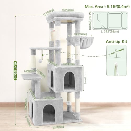 Image of Globlazer Cat Tower for Indoor Cats, Heavy Duty Cat Trees for Large Adult Big Cats Maine Coon Cat Tree Tower with Scratching Post, Extra Large Top Perch, Cat Condos, F61, Cloud Grey, 61inch