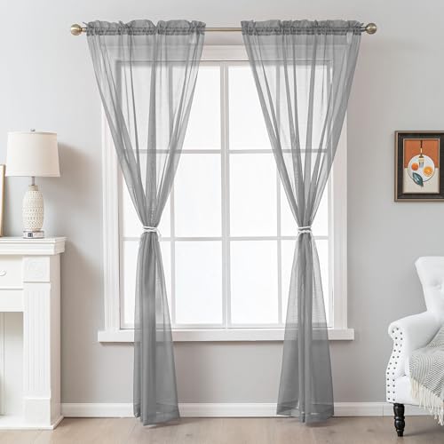 Image of Grey Sheer Curtains 108 Inches Extra Long, Privacy Semi Sheer Curtains for Living Room Bedroom, Light Filtering Rod Pocket Voile Window Drapes 2 Panels Set, Each 42 inch W x 108 inch L
