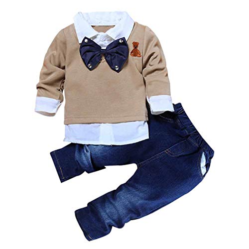 Image of MYGBCPJS 3Pcs Boy Handsome Outfit Set Plaid Shirt + T-Shirt + Suspender Jean Sets
