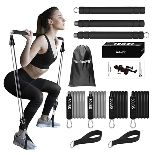 Plates Bar Kit with Resistance Band-Multifunctional Portable Weighted Exercise Pilates Bar, Home Gym with Beginner Workout Equipment, Yoga Set for Full Body