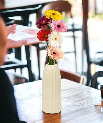 Image of SPHINX Ribbed Pipe Ceramic Vase for Flowers, Pampas Grass, or Live Plants | Decorative Home & Office Centerpiece Gift - No Flowers- (White, 9 Inch)