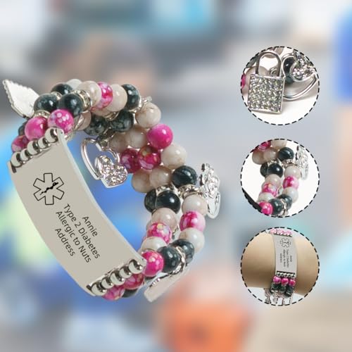 Personalized Medical Alert Bracelet for Women Custom Natural Stone Beads ID Bracelets Cute Pendant, Handmade Adjustable Elastic Wristband3