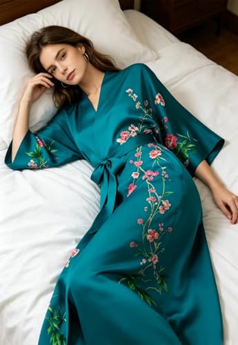 Image of Women's Classic 100% Silk Kimono Robe, Bathrobe-Printed Pattern