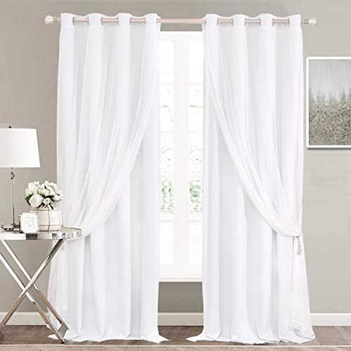 Image of Winter White Curtains Set - Double Layers Voile Sheer Light Block Draperies with Tie-Backs for Bedroom Windows, 52 x 63 inches, Winter White, 2 Pieces