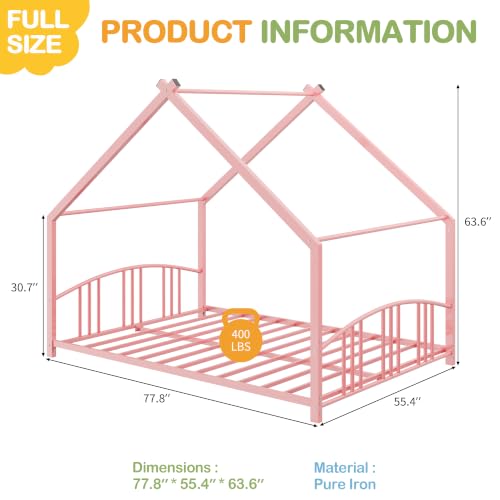 Image of Garvee Full Size Metal House Bed Frame for Kids, Pink