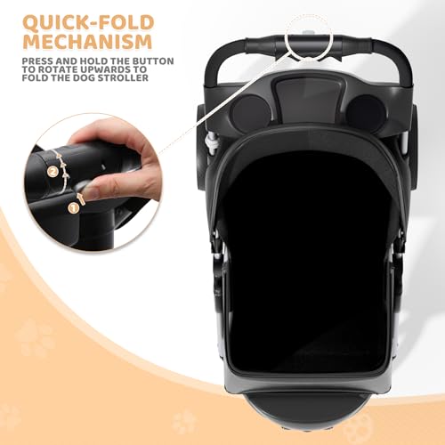 Magshion 3-Wheel Pet Stroller, Foldable Travel Jogger for Small & Medium Dogs & Cats (Up to 33lbs), Lightweight Carrier with Breathable Mesh Cover, Cup Holder & Storage Basket, Black - Thumbnail 7