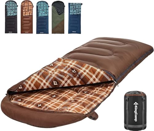 KingCamp Cotton Flannel Sleeping Bag, 90x35 Sleeping Bags for Adults Cold Weather, Big and Tall, Zip Together for 2P Sleeping Bag for 4 Season, Lightweight, Water Resistant for Camping Backpacking