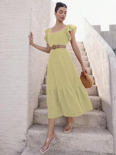Image of Sugathari Girl's & Women's Solid Color Square Neck, Ruffle-Trimmed Hem Sleeveless, Ruffle Armhole and Casual Dress with Cinched Waist Vacation Outfits Woman (Dress 176)