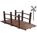 AHB 5FT Garden Bridge, Wooden Arc Bridge for Outdoors with Safety Railings Windmill, Stained Finished Wood Decorative Pond Bridge for Backyard Cream Farm (Wood)