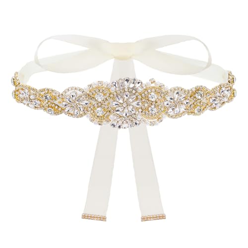 FINGERINSPIRE Cinturón de boda de 2,7 m con cristales dorados adornados con diamantes de imitación satinados, con forma de flor, hecho a mano, banda de novia de cristal con cinta blanca floral