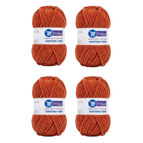 Image of ProKart Premium Blankie Wool, Plush & Cuddly, Chenille Yarn Supersoft Hand Knitting Wool Ball | Blanket Thick /Mottu Yarn Ball Suitable for Hand Knitting and Crocheting for Baby, Adult, Sweaters, caps, Throws, Home Furnishing, Scarves, Blankets (Carrot, 100gms x 4 Pack)
