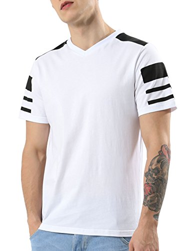 uxcell Men's V Neck Faux-Leather Paneled Color Block Short Sleeves T-Shirt White S US 36