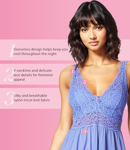 Image of Exquisite Form Women's 70807 Nylon Tricot Sleeveless Long Nightgown with Floral Lace