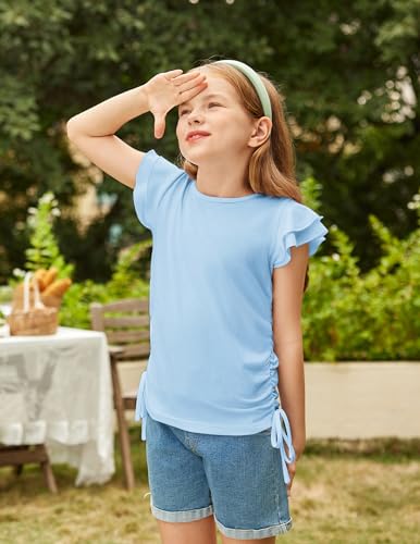 Image of Arshiner Girls T Shirts Ruffle Short Sleeve Ruched Knot Side Tunic Blouse Summer Tee Tops