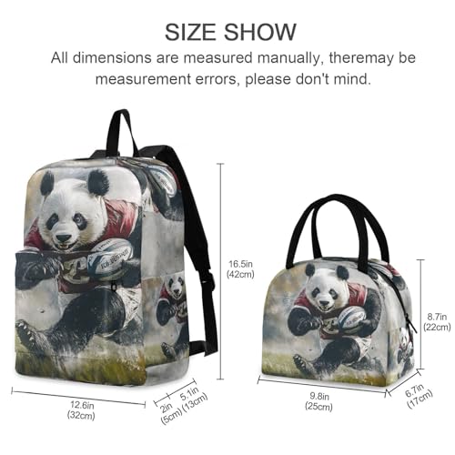 Backpack Lunch Box Set Large Capacity Travel Backpacks and Insulated Lunch Bag for Commute Hiking Picnic Football Player Panda Print2