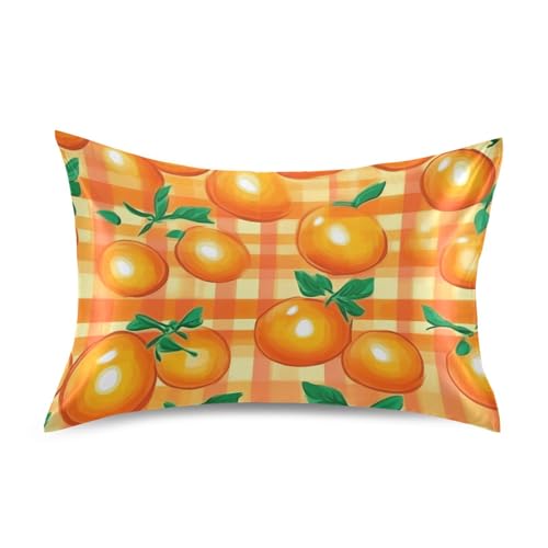Satin Pillowcase 1 Pack Pillow Case with Envelope Closure Standard Size Pillow Cover 26 x 20 Inch Soft Breathable Cartoon Orange Plaid