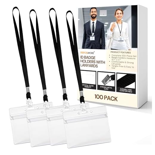 Performore 100 Pack 4x3 Name Badge Holders with Lanyards – Waterproof ID Card Holder with Black Lanyards and Clip, Bulk Nametag Set for Conferences, Events & Meetings