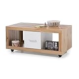 Stella Trading Ibiza Centro Moderna con Ruedas en Aspecto, Color Mesa de sofá móvil con estantes y cajones para tu salón, Madera de ingeniería, Roble Salvaje Blanco, 115 x 50 x 60 cm