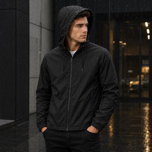 Image of MIA FASHION Men's Hooded Waterproof Rain Jacket Lightweight Wind Resistant Jacket with Zipper Pockets for Bike Riding, Travel & Outdoor Use