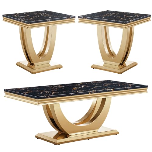 Modern Marble Coffee Table Set of 3, Luxury Marble Living Room U-Shape Tables Set Includes 1 Coffee Table, 2 End Tables for Living Room, Black Faux Marble Top with Gold Stainless Steel Base