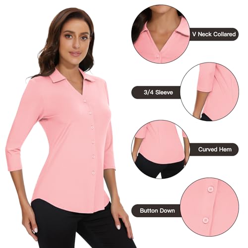 Image of Soneven Womens Golf Polo Shirts 3 /4 Long Sleeve V Neck Button Down Shirts Business Causal Work Blouses Tops