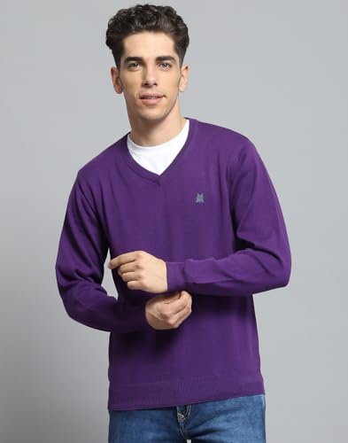 Image of Monte Carlo Mens Solid Purple V Neck Full Sleeve Pullover 1240550VN-315