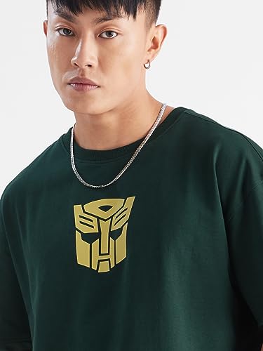 Image of The Souled Store Transformers: Bumblebee Mens & Boys Oversized Fit Graphic Printed Half Sleeve Cotton Green Oversized T-Shirts