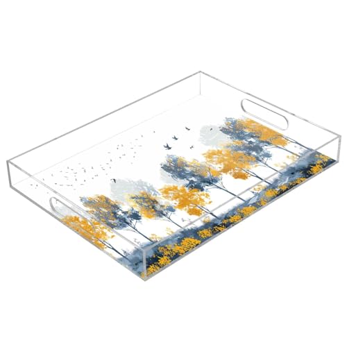 BOESI Doodle Colorful Tree Pattern Acrylic Decorative Dining Tray, Acrylic Decorative Tray Organizer with Handle for Kitchen, Dining Room, Bathroom, Dresser