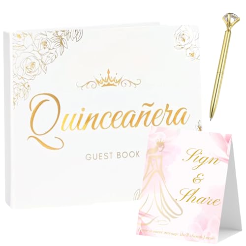 3 Pcs Quinceañera Guest Book Set with Sign Here Card and Gold Diamond Pen