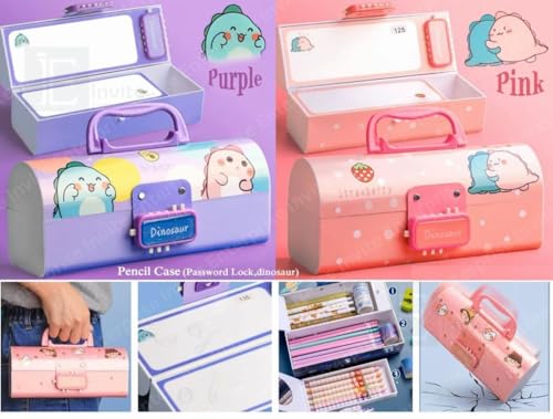 Image of Invite Kids Pen & Pencil Box - Suitcase Style Password Lock Pencil Case | Multi-Layer Stationery Organizer for Boys & Girls | Return Gift Item for Kids (School Supplies) (DPPB - Dino Purple)