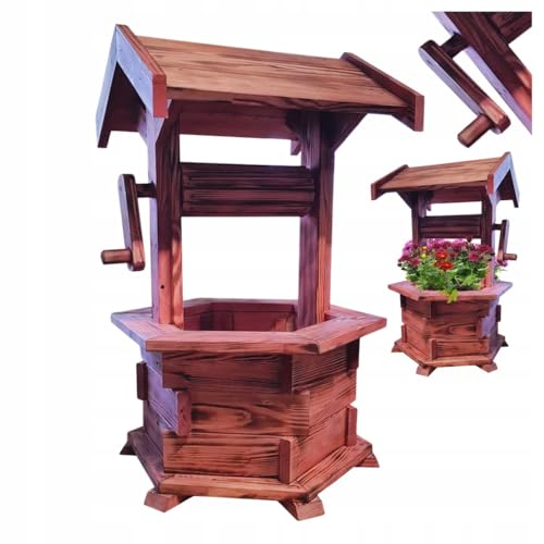 MAZUR Puits de fleurs en bois, pot de fleurs décoratif, 60 x 45 cm, bois de pin imprégné de couleur aulne, puits flammés pour jardin, décoration de terrasse, fabrication artisanale polonaise
