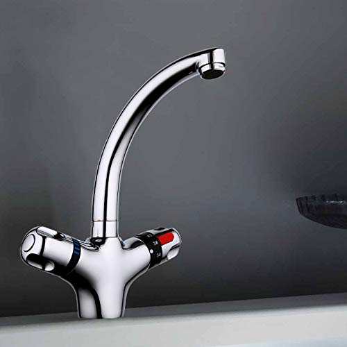 1 set de robinetterie thermostatique pour évier massif en laiton à poser sur le pont, mitigeur chromée, mitigeur eau froide et chaude