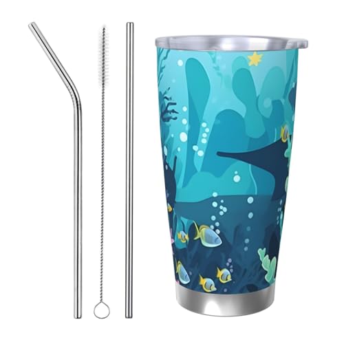 Mexpekil Insulated Travel Mug Iced Coffee Cup Travel Mug Stainless Steel Smoothie Cup Car Coffee Mug Underwater World Tumbler with Straw and Lid, 590ml