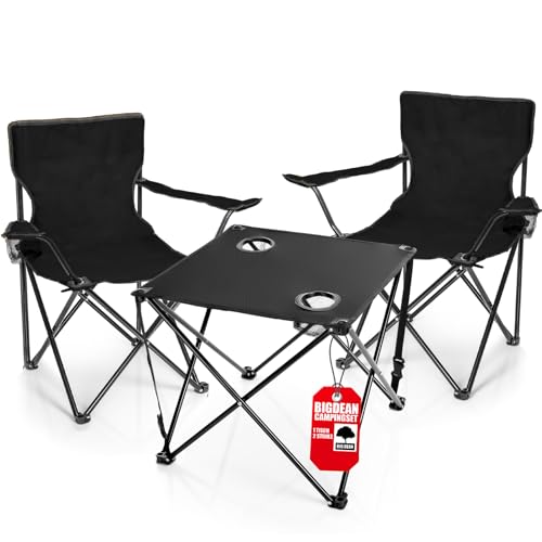 BigDean 2 Stück Campingstühle & Campingtisch faltbar schwarz - Campingtisch mit Stühlen - Faltstuhl Campingstuhl mit Tisch Klapptisch mit Stühlen