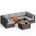 Qsun 7 Pieces Outdoor Patio Furniture Set, PE Rattan Outdoor Wicker Sectional Furniture Sofa Set, with Cushions and Glass Coffee Table, for Balcony, Porch, Garden, Grey