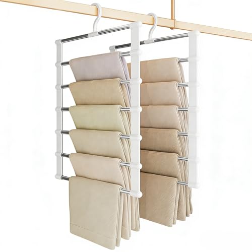 HUKUMA 2 Stück Hosenbügel Platzsparend Hosenbügel mit 6 Ebenen Edelstahl Praktische Hosen Kleiderbügel Multifunktions Kleiderbügel für Hosen Schals Handtücher und Kleine Kleidungsstücke