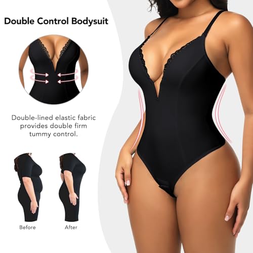 SHAPERIN Women's Lace Trimmed Deep V Neck Bodysuit Plunge Tummy Control Shapewear Thong Body Suits Cami Tank Corset Tops4