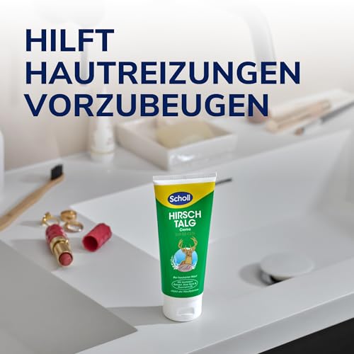 Scholl Hirschtalgcreme 100 ml - Fußcreme gegen Hornhaut und Feuchtigkeitscreme für Hände und Füße, Fußpflege für trockene Haut mit Kamille, Aloe Vera und Rosmarinöl, Hautglättend, PH-Hautneutral