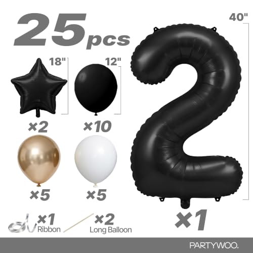 Image of PartyWoo Black Number 2 Balloon 40 Inch 25pcs Black Foil Star White Gold