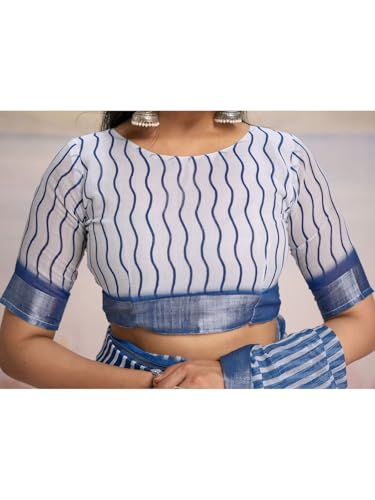 Image of Satrani Women's Linen Printed Ready To Wear Saree with Unstitched Blouse Piece