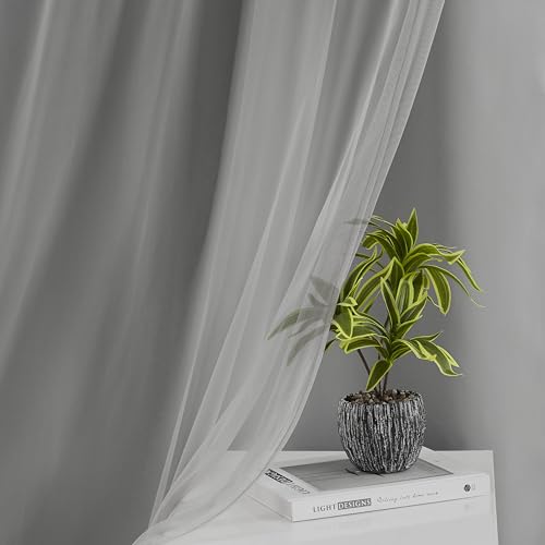 Image of Bujasso Grey 90% Blackout Curtains with Sheer Overlay Mix and Match Double Layer Window Curtains Thermal Insulated 95 inch for Living Room Bedroom Gray Drapes with Tiebacks Grommet Top 37 inch Wx95 Lx2