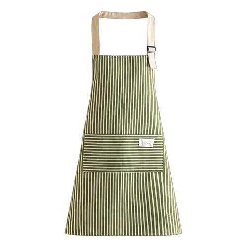 Delantal ajustable con bolsillo de parche grande de lino a rayas delantal de cocina transpirable resistente al aceite para hombres