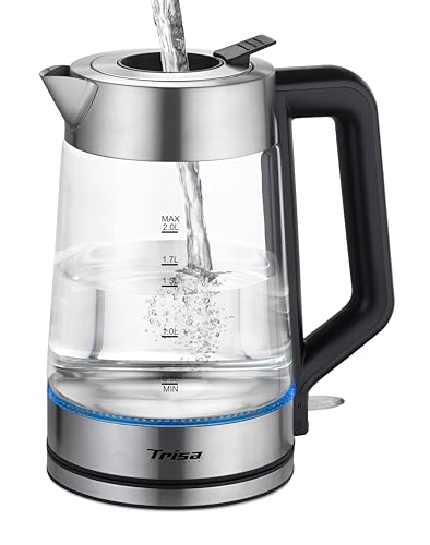 Trisa Elektrischer Wasserkocher, 2L 2200W Glaswasserkocher, Strix Control, Abschaltautomatik, 360° Basis, Wasserkocher Leise, Leicht zu Reinigen