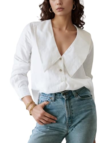 Daacee Women’s Big Collar Cotton Linen Blouses Dressy Casual Long Sleeve V Neck Button Down Shirts Ladies Tops