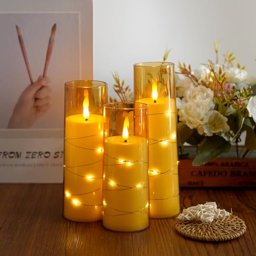 Image of Flameless Candles,with Embedded Star String, Battery Operated Candles Flickering LED Pillar Candles with Remote Control and Timer, Home Decoration Add a Warm and Romantic Atmosphere,Set of 7 (Gold)
