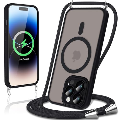 Xylota Handykette für iPhone 13 Pro 6,1 '' Magnetisch Hülle mit Band, Kameraschutz Vollständiger, Handyhülle mit Kette Kordel [Kompatibel mit MagSafe], Hard PC Schutzhülle zum Umhängen, Schwarz
