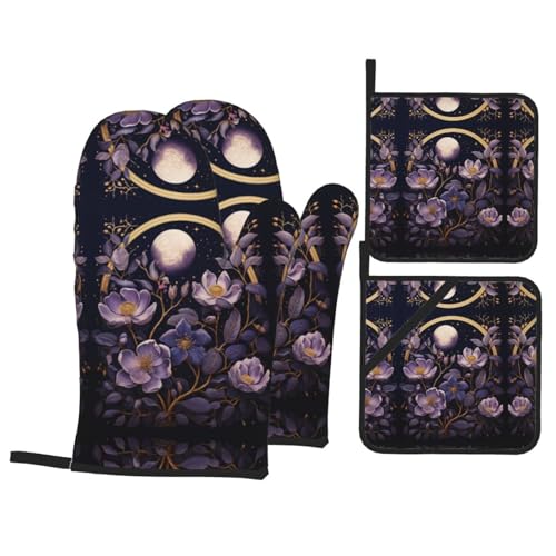 Juego de manoplas y agarraderas y agarraderas de ZQYTGFDC con flores moradas en la luz de la luna para cocinar, hornear y asar